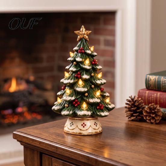 Energy Saving LED Night Light Lighted Christmas Tree Tabletop Decor, Resin Artificial Xmas Ornament Portable Bedside Decorative with Warm Glow,