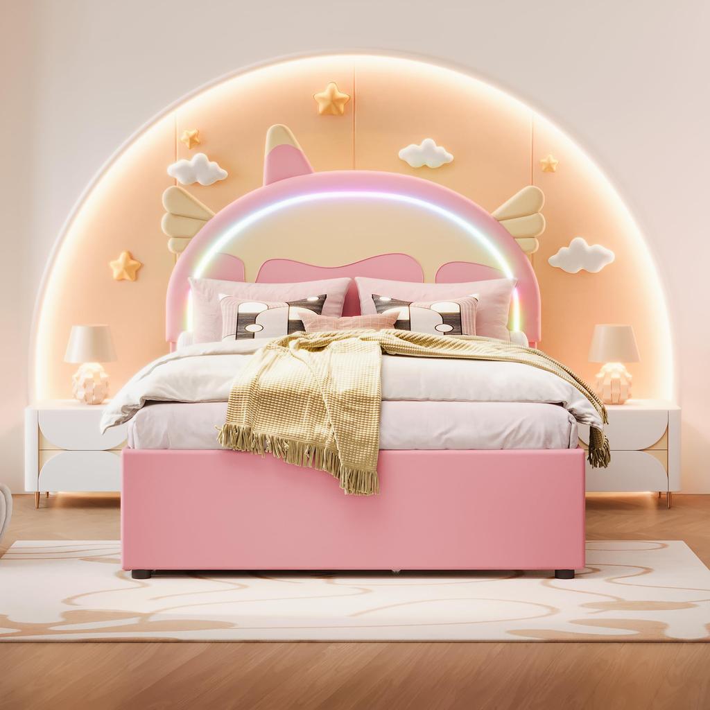 Kinderbett 140x200cm mit LED-Licht, Schlafsofa Tagesbett mit Ausziehbett & Schubladen, Ohne Matratze