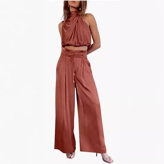 Damen Ärmelloses Stehkragen Crop Top & Weitbein Hose Set