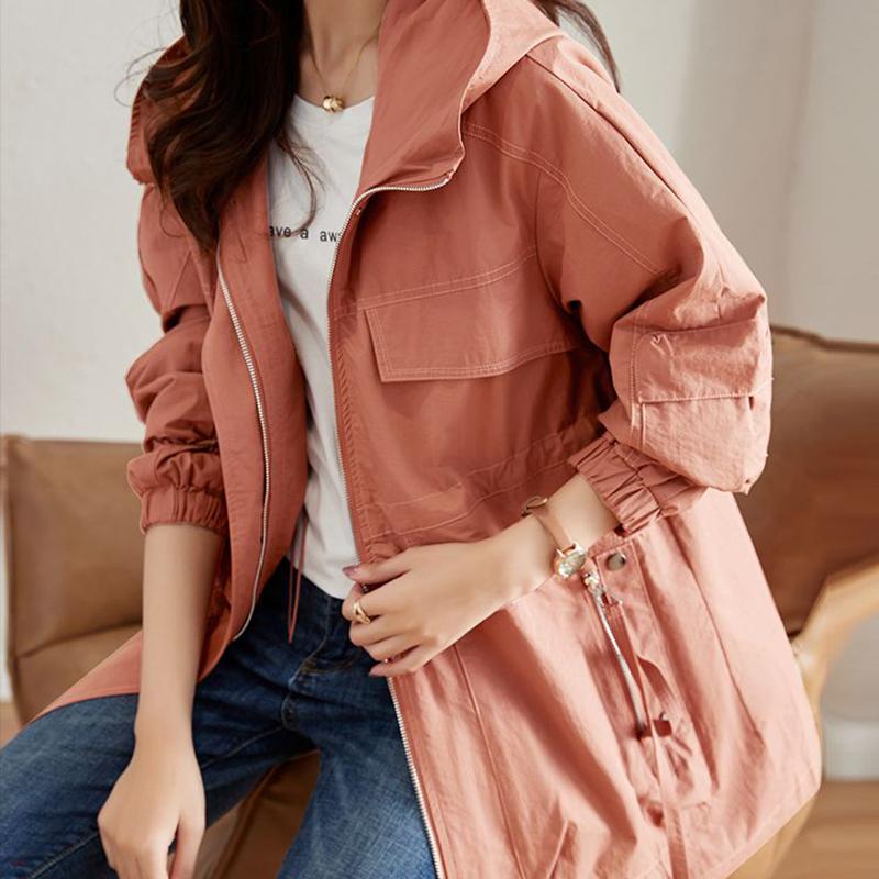 Abrigo cortavientos de longitud media con capucha informal suave de talla grande para mujer de moda primavera otoño