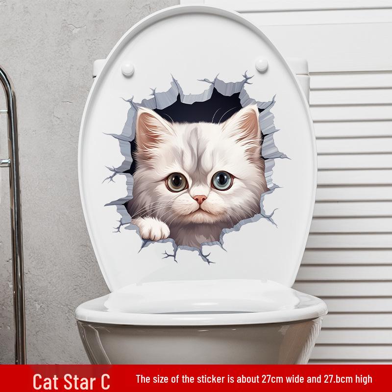 Cute Cat Expression Waterproof Bathroom Stickers - Self-Adhesive Cartoon Toilet Decor