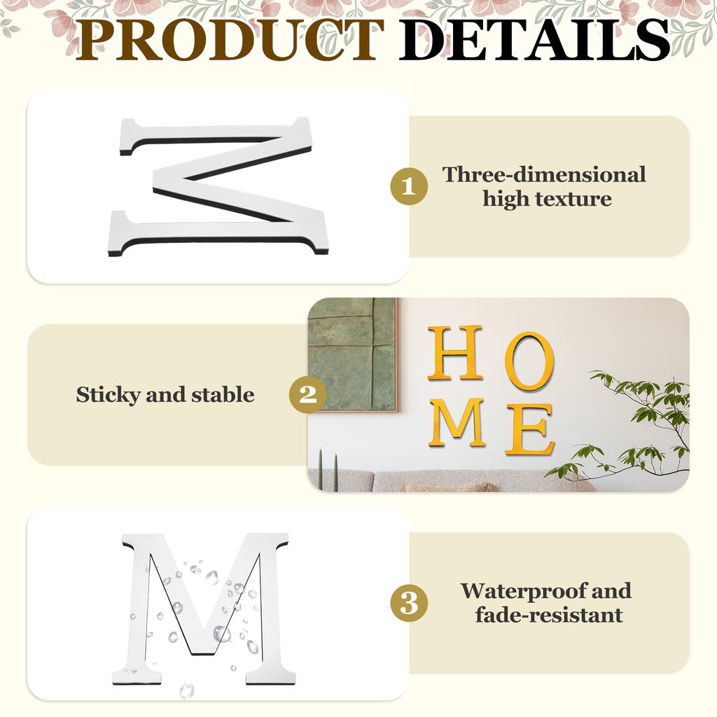 20cm 3D Mirror Acrylic Wall Sticker 26 English Letters Wall Sticker Decals Self-Adhesive Wall Art Mural Home Party Silver