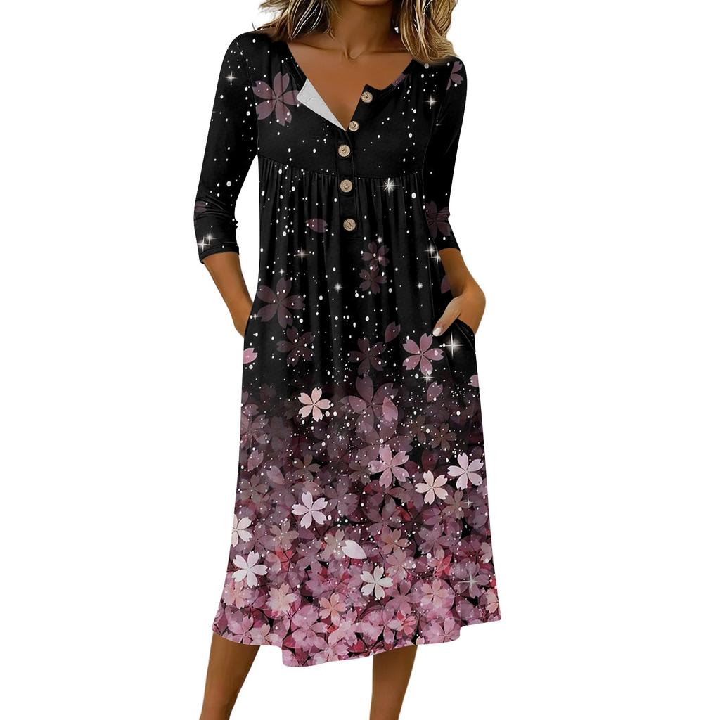 Rochie casual de damă la modă, cu imprimeu colorat, gât rotund, mânecă 3/4, guler cu nasturi, lungime medie