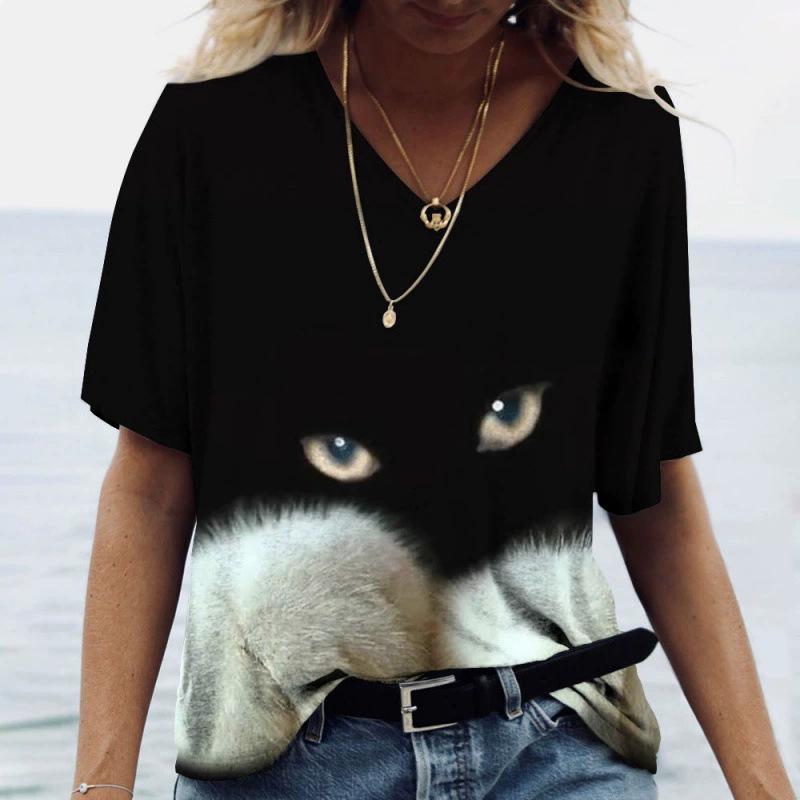 Sommer V-Ausschnitt 3D Katze Gedrucktes Oberteil Modische Lässige Kurzarm Damen T-Shirts