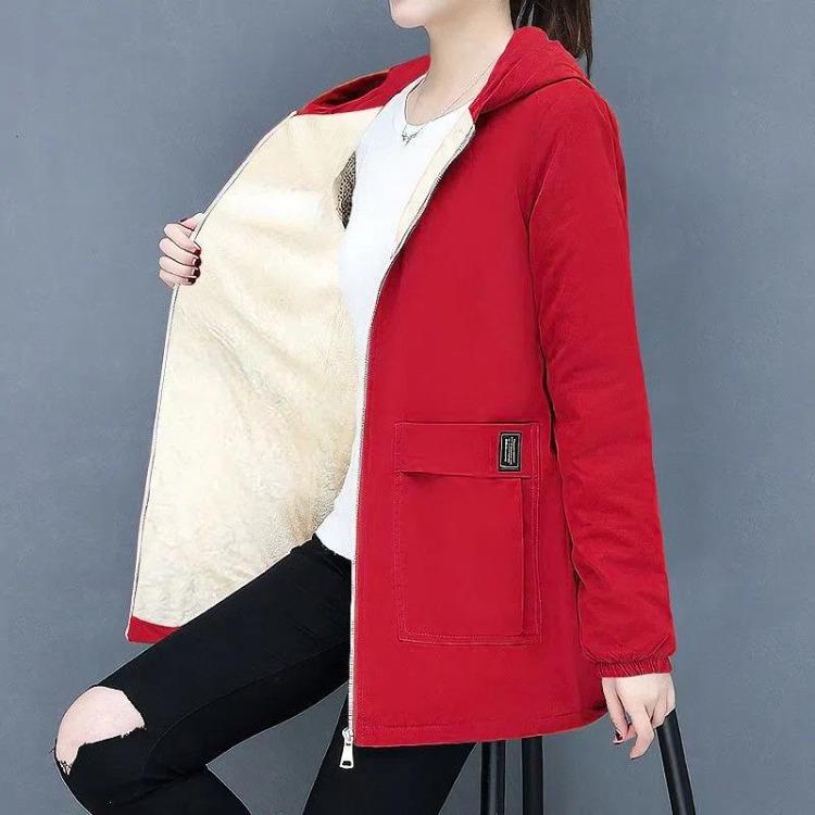 Large Size Women's Hooded Fleece Jacket Long Casual Coats Autumn Fashion Outerwear