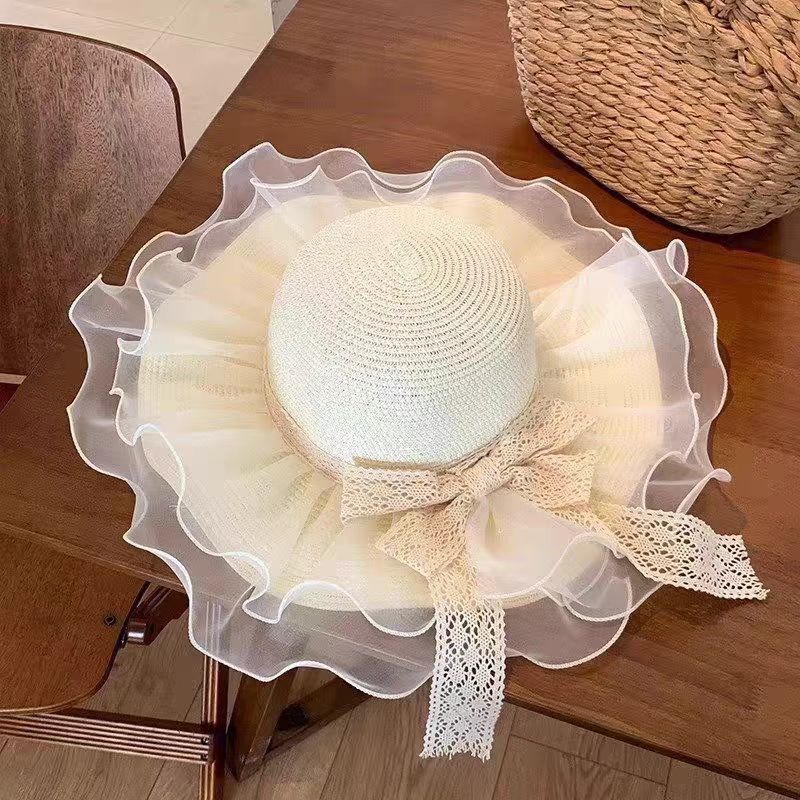Lace Bow Straw Hat Women's Summer French Large Brim Sunscreen Hat Seaside Beach Vacation Sun Hat