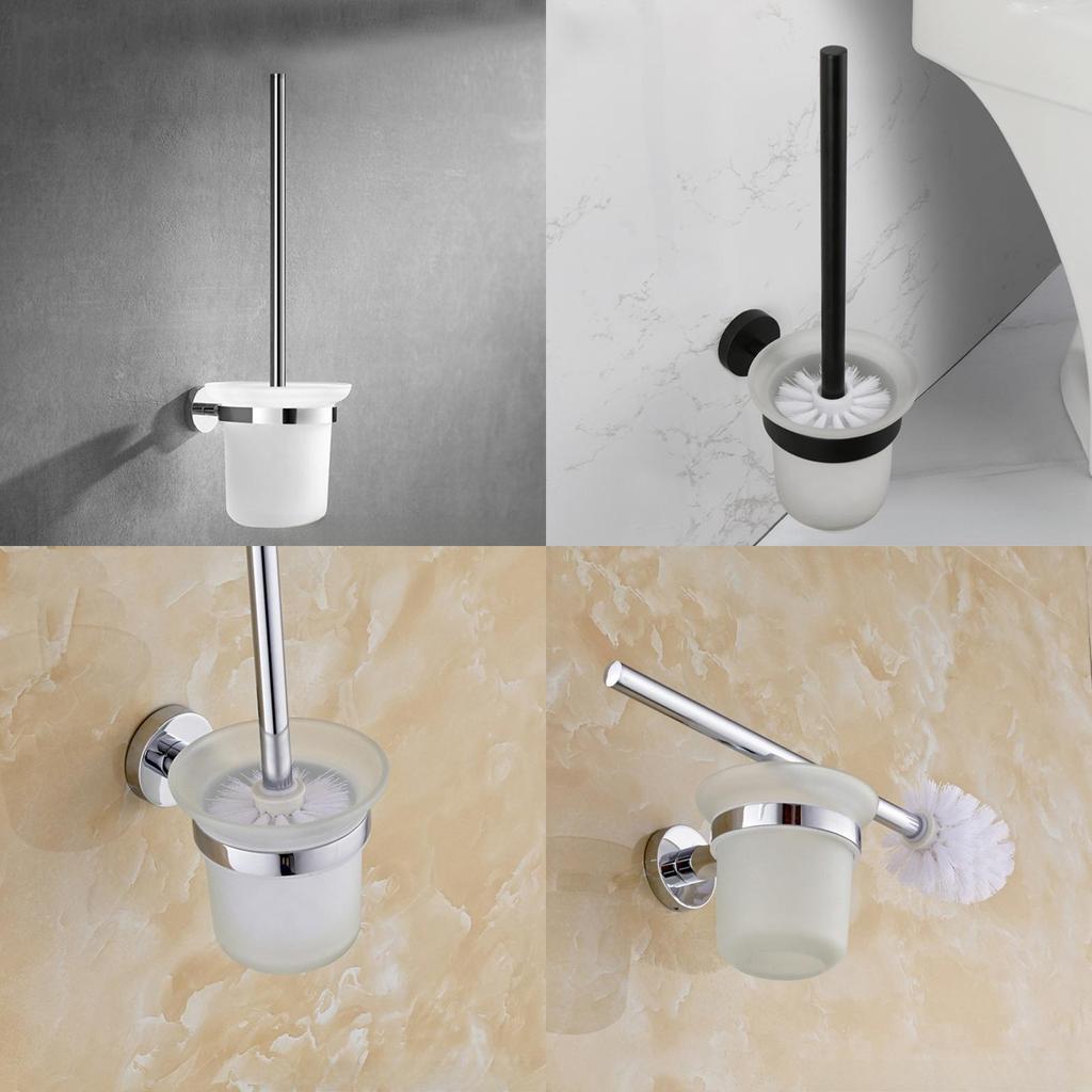 Chrome Wall Round Mounted Toilet Brush And Frosted Glass Holder For Bathroom Use