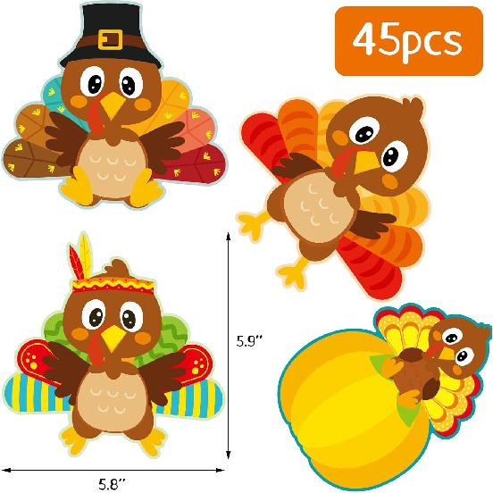 Treasure Cove Thanksgiving Turkey Cutouts Turkey Bulletin Board Decorations for Fall Classroom Decoration 45Pcs