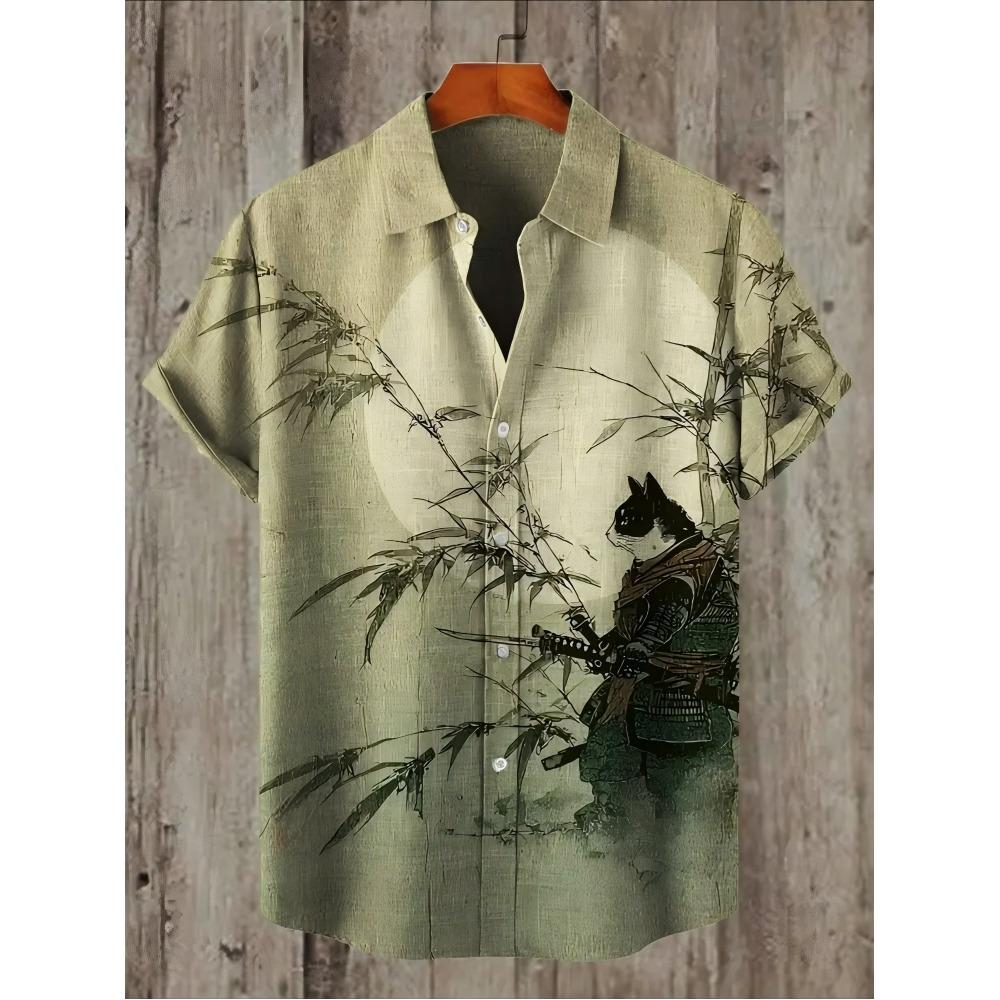 Animal Pattern, Fashion Trend, Street Outdoor, High-Quality And Comfortable Linen Men's Short Sleeved Casual Shirt