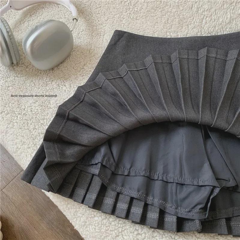 Gray High-Waist Pleated Lace A-Line Skirt - 2024 Design, Slim Fit, Short Length