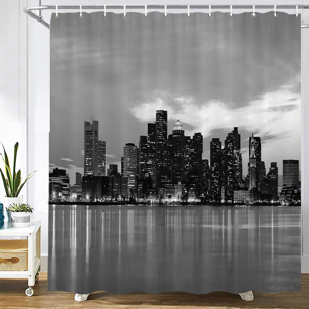 New York London Bridge Shower Curtain Printed Waterproof Fabric Polyester City Scenery Night View Bath Curtain Bathroom Decor