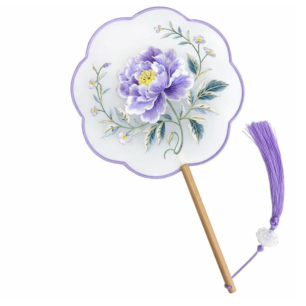 Chinese Style Double Sided Embroidery Fan Long Handle Classical Vintage Hand Fan with Tassel Semi-Transparent Flower Silk Fan