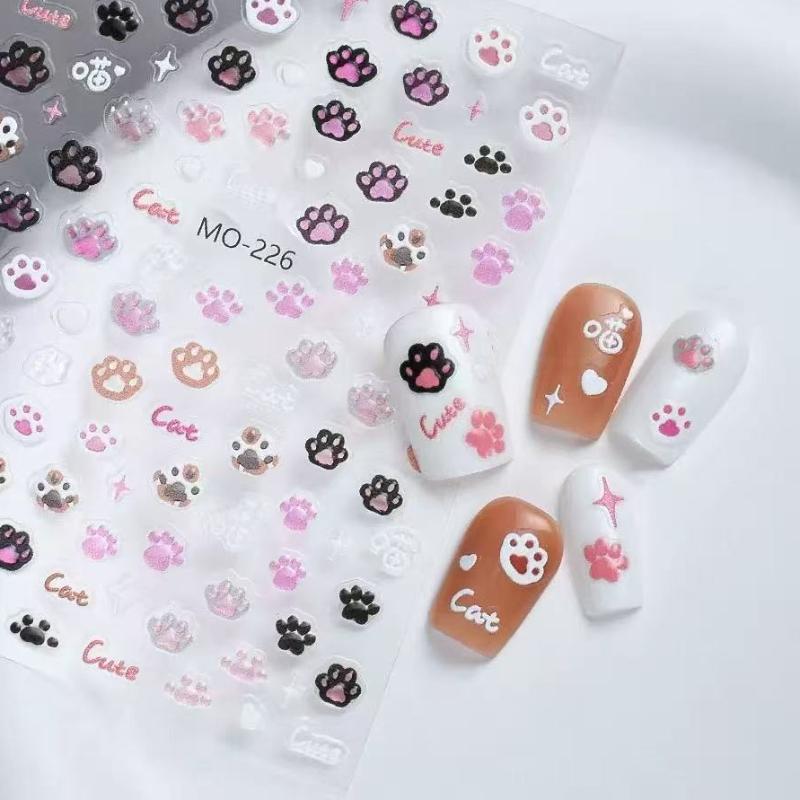 3D Tier Nagelaufkleber Selbstklebend Niedliche Katzenpfote Press-On Nägel Jelly Gel Relief Aufkleber für DIY Nägel Falsche Nägel Dekor für Mädchen