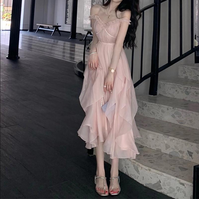 Coffee break French pink suspender dress female summer milk sweet on the run princess vintage first love dress super fairy