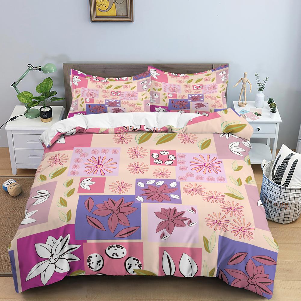 Flower Duvet Cover Set King Size Pink Flowers Green Leaves Pattern Quilt Cover For Teen Girl Microfiber Floral Theme Quilt Cover