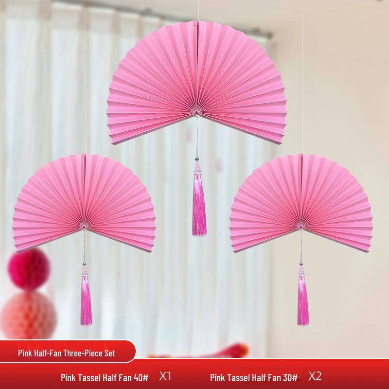 Wedding Décor Set: Honeycomb Balls, Folding Fans & Double Happiness Pendants for Groom's Room