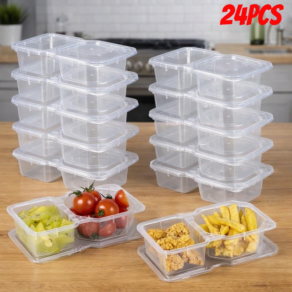 12/24pcs Snack Containers with Lids Thick 8 oz Small Plastic Snack Boxes 2 Compartments Lunch Food Sauce Containers