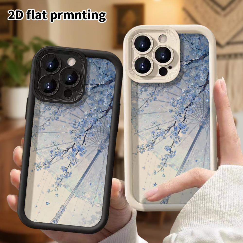 Phone Case: 2D flat design suitable for iPhone 18 17 16 15 14 13 Pro stepped protective case, Star Umbrella and Blue Flower, Christmas and Halloween g
