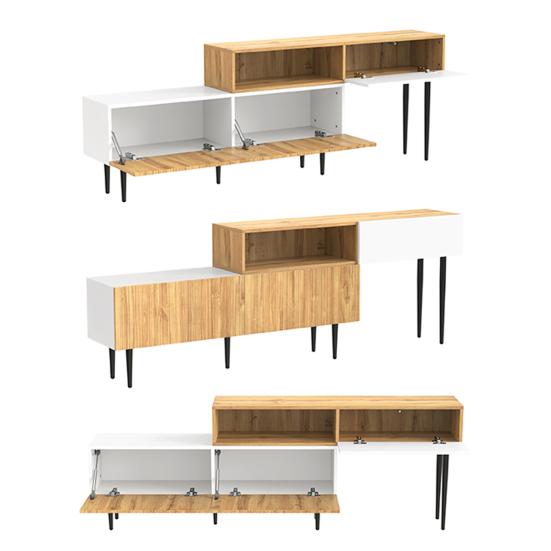 Modern TV Cabinet with Adjustable Length, Modular 2-Piece Design, Wood Look, Matt White, Black Metal Legs, Multifunctional Living Room
