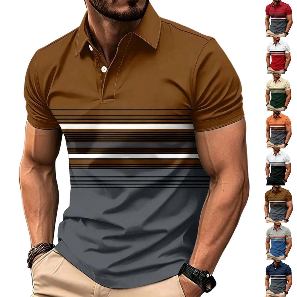 Men's Short Sleeve Polo Shirt Striped Design Button Collar Slim Fit Casual Wear Suitable for Daily and Outdoor Activities
