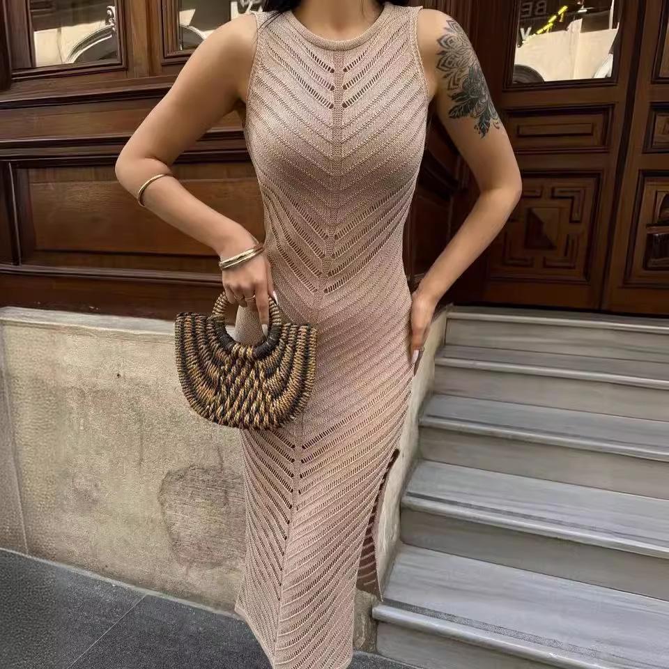 2024 Herbst Damen Einfarbig Durchsichtig Rundhals Sexy Bodycon Kleid