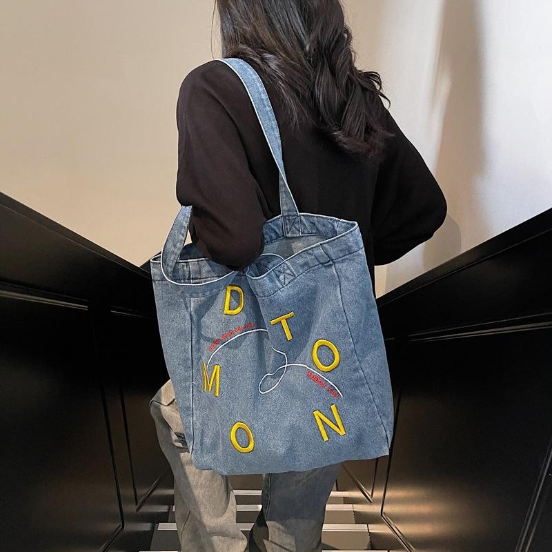 

Xinhan Повседневная джинсовая сумка через плечо Женская большая вместительная сумка-тоут в ленивом стиле для поездок на работу, сумка для покупок светло-синий