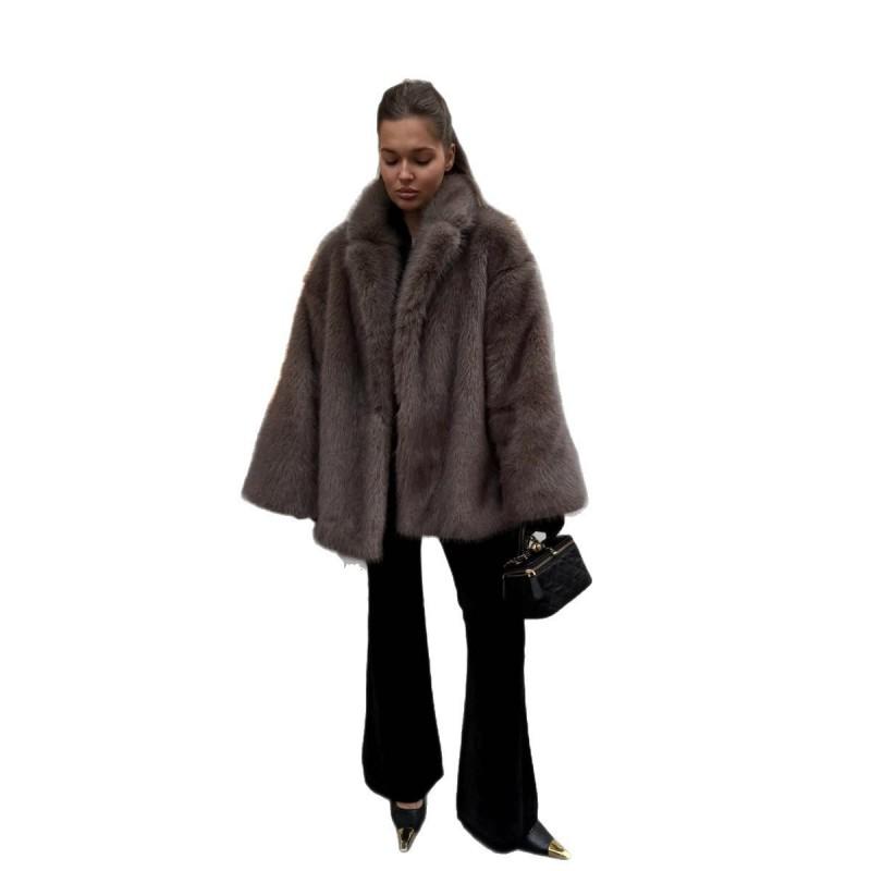 Womens Faux Fox Fur Coat With Belted Waist Retro Style Short Pufferless Jacket