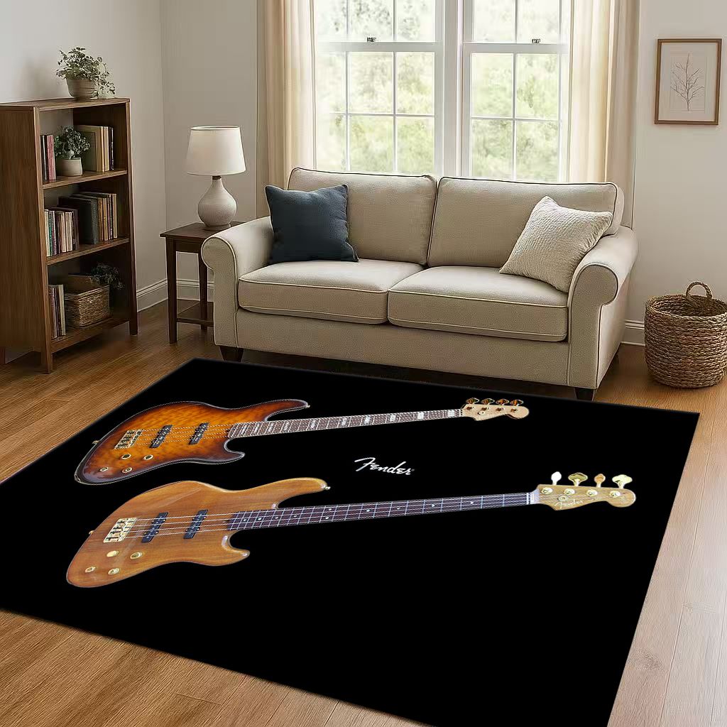 3D F Fender Guitar Musical Instrument Sign Living Room Non Slip Area Rug Carpet for Bedroom Sofa,Easy Clean Home Decor Doormat