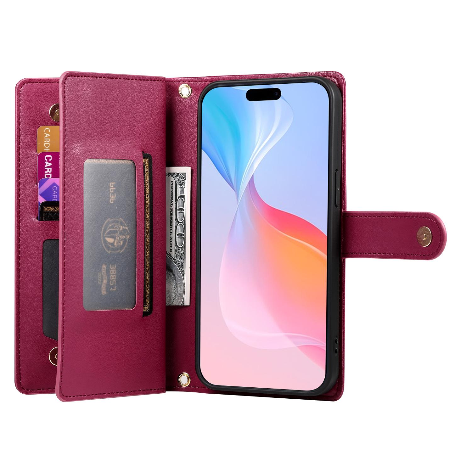 

DF-011 For iPhone 16 Pro Case Leather Phone Cover with Card Slots,Zipper Pocket Pink