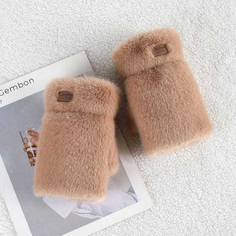 Fuzzy Faux Mink Half-Finger Gloves Women Winter Warm Touchscreen Compatible Streetwear Accessory