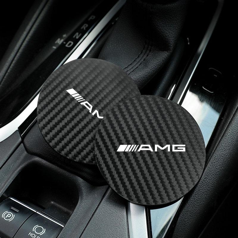 GLC GLB 2Pcs Car Anti-noise Coaster Mat Carbon Leather Water Cup Pad For Mercedes Benz AMG E S C A B Class GLE GLS CLS GLC CLA