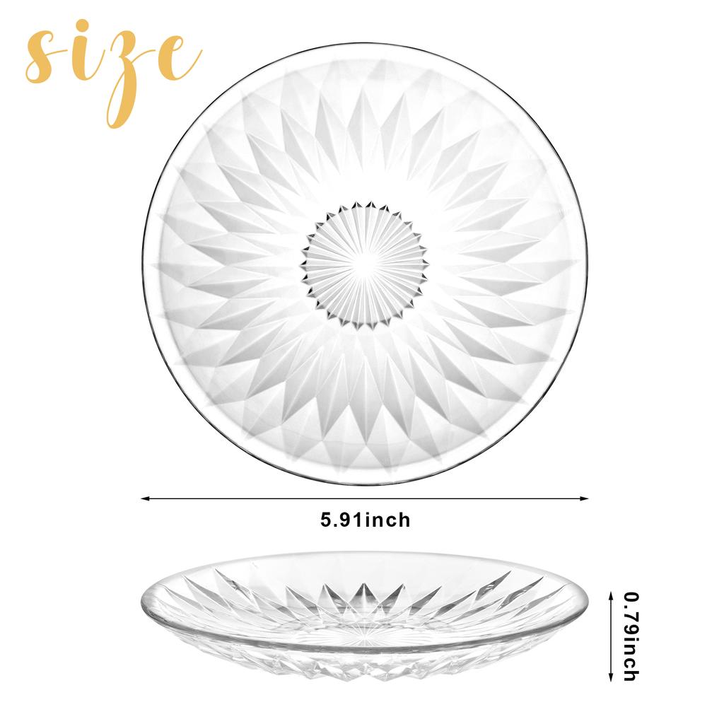 6 Pack Clear Glass Plates 6 Inch Round Transparent Small Glass Salad Plates Lead-Free Dinner Plates Set Small Heavy Duty Crystal