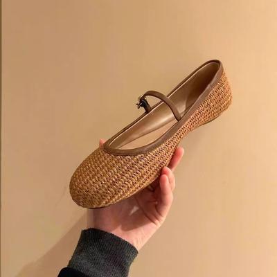 Sheepskin Version Niche Style Straw Soft-soled Single Shoes Women's Spring One-word Buckle Belt Mary Jane Ladyshoes Flats