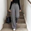 Womens High-Waisted Grey Striped Wide-Leg Trousers Winter 2026 Elegant Casual Pants