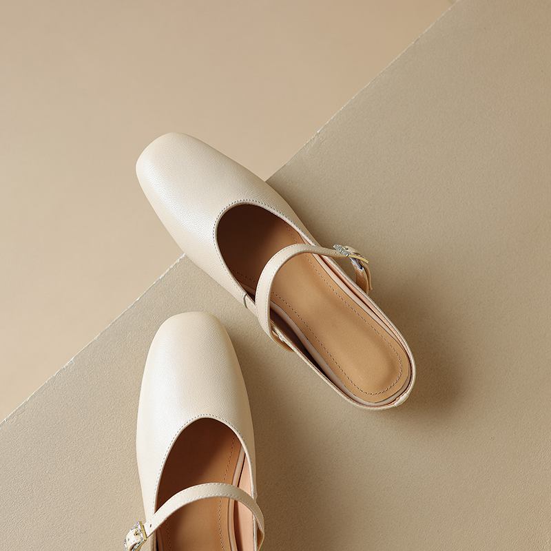 Krazing Pot, mulas de cuero de plena flor, punta cuadrada, tacones bajos, zapatillas exteriores de otoño, zapatos de verano, zapatos de tacón para mujer