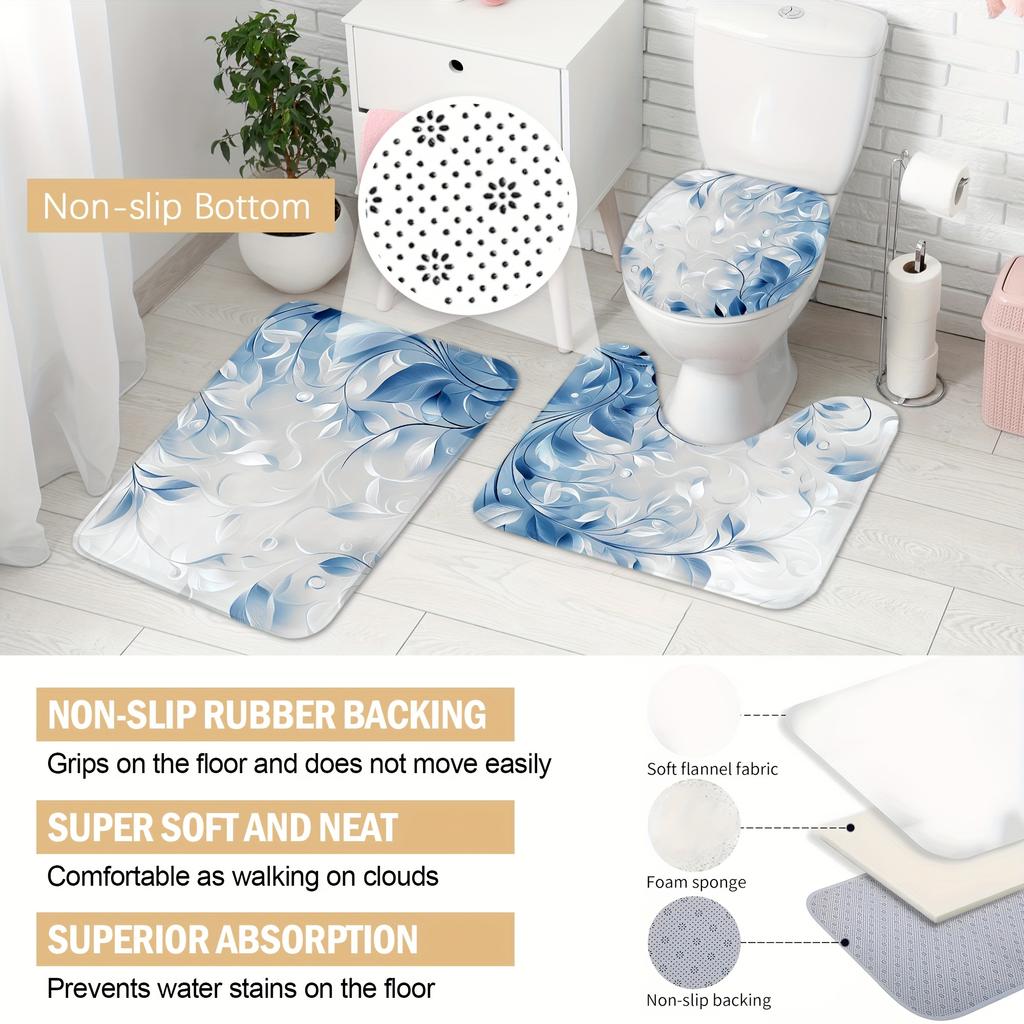 4Pcs Leaf Pattern Shower Curtain Set with Non-Slip Bath Mat, Toilet Lid Cover, Contour Rug & 12 Hooks, Bathroom Decor