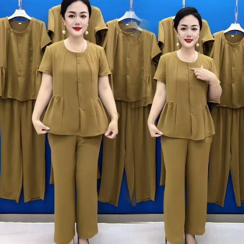 Summer 2026 Elegant Slimming Plus Size Ice Silk Two-Piece Set for Moms 3XL