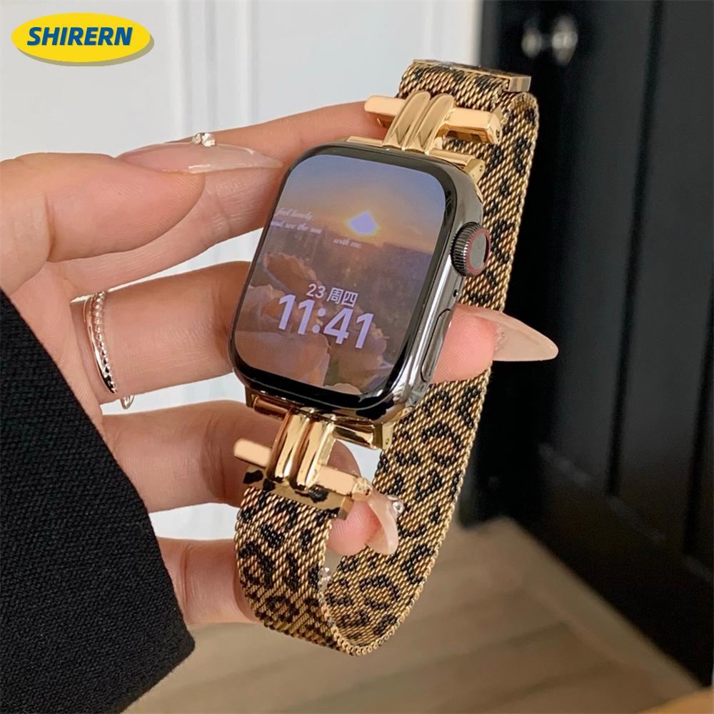 

Женский ремешок с леопардовым принтом для iWatch 38 42 41 мм, ремешок для Apple Watch Series 8 Ultra SE 7 6 5 40 44 45 мм, браслет из нержавеющей стали