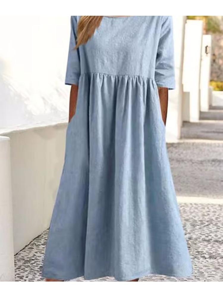 Plus Size Round Neck Solid Pleated Pocket Loose Casual Midi Comfortable Dress S-5XL Lightweight Recognition Elegant with Flattering Chic Dress