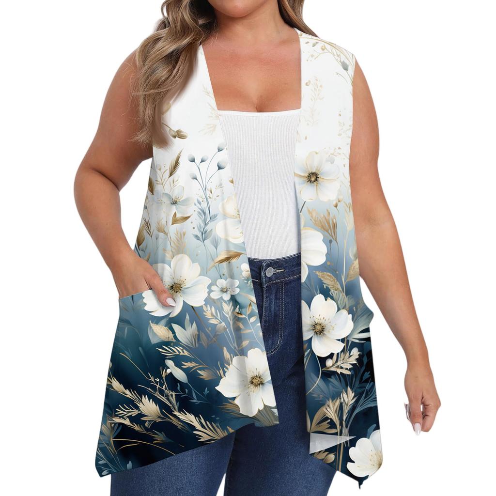 Women's Oversized Loose Casual Printed Sleeveless Vest With Pocket Cardigan Jacket Cardigan Jacket