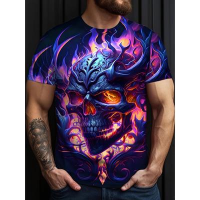 Plus Size Men's 3D Glow Skull & Flames Graphic Print T-shirt Funky Short Sleeve Tees For Summer, Halloween Men's Clothing