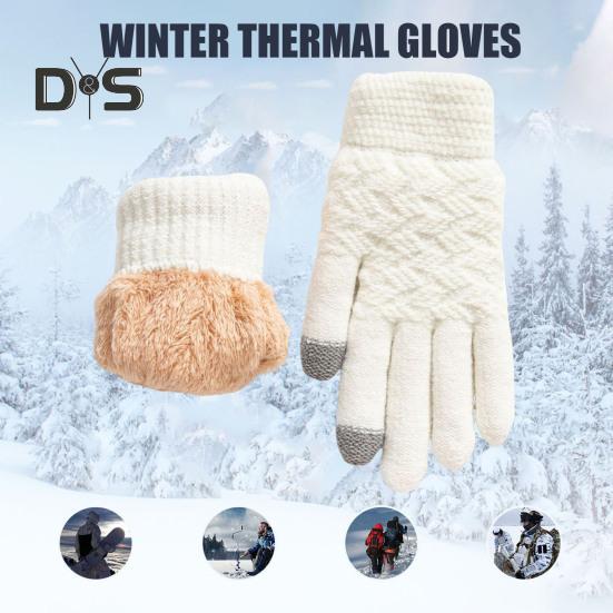 1 Pair Women Winter Gloves Double-layer Thickened Plush Jacquard Knitted Five Fingers Unisex Anti-slip Cold Weather Driving Golfing Skiing Skating