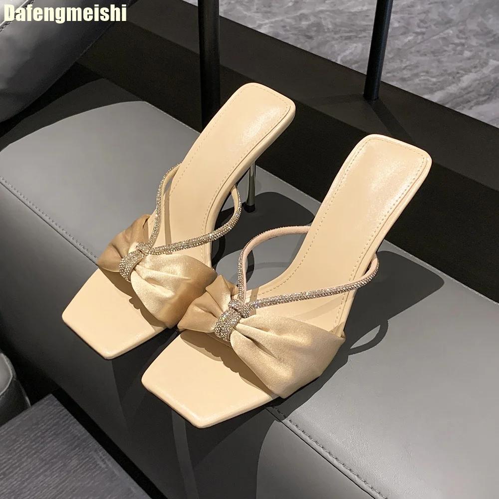 Fashion Purple Satin Rhinestone One-Strap Sandals for Women 2025 Summer New Bow Open-Toe Thin High-Heeled Slippers Casual Fashion Slides