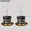 2D Flat Happy New Year Bowler Hat Dangle Earrings, Lightweight Acrylic Material, Ideal for Party Gifts, Jewelry, and New Year Gifts.