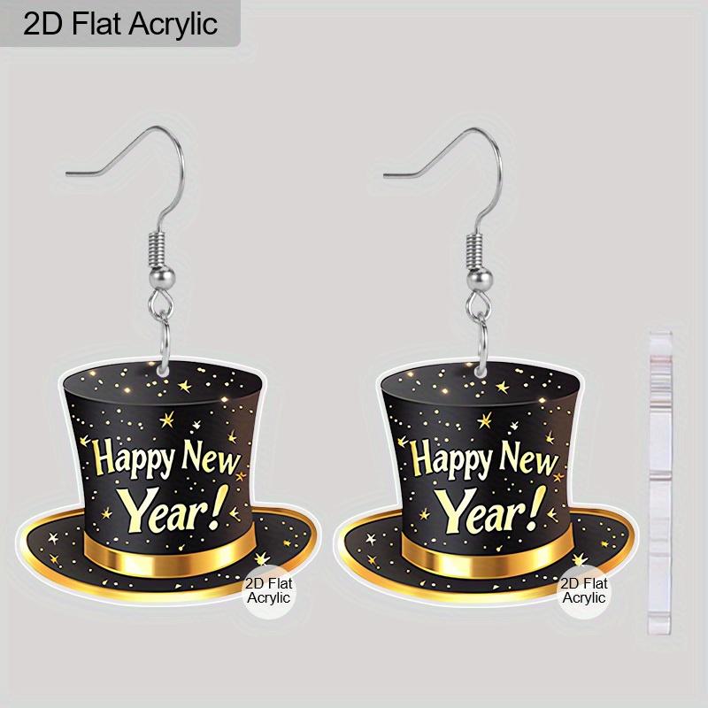 2D Flat Happy New Year Bowler Hat Dangle Earrings, Lightweight Acrylic Material, Ideal for Party Gifts, Jewelry, and New Year Gifts.