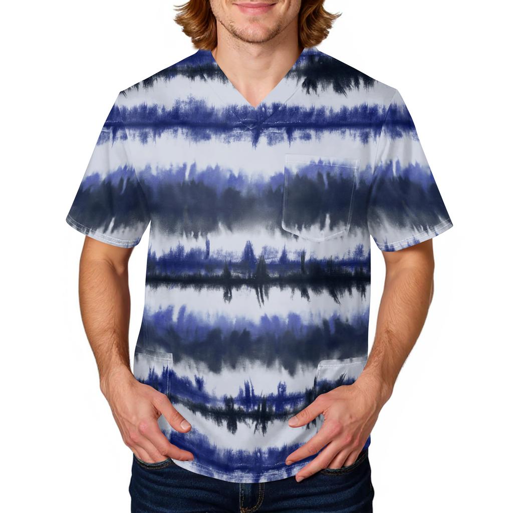 Unisex V Neck Short Sleeve Printed Scrub Top with Pocket and Tie Dye Pattern for Uniform
