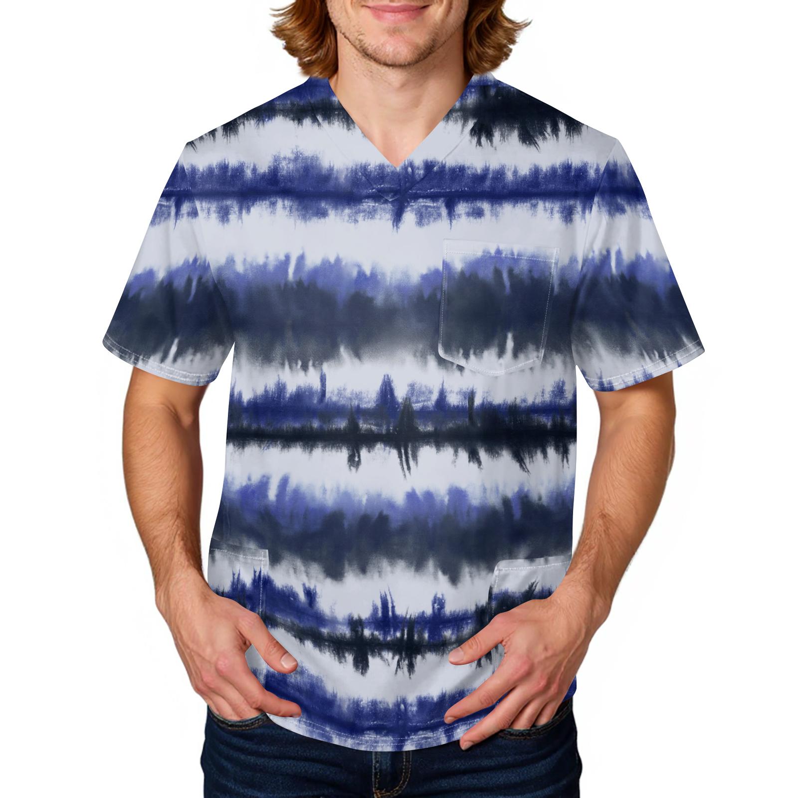 Men s casual, personalized multi-color tie- printed shirt - Men s V-neck, large pocket, protective work uniform, short sleeves L