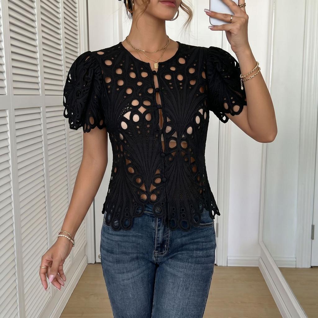 European Style Summer Solid Color Fashion Casual Short Sleeve Blouse Women