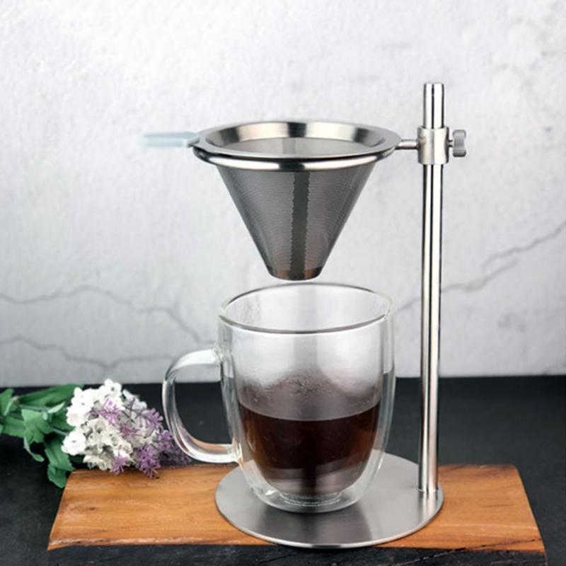 Adjustable Stainless Steel Coffee Maker Station Stand with Double Filter Freestanding Drip Cone Brewer