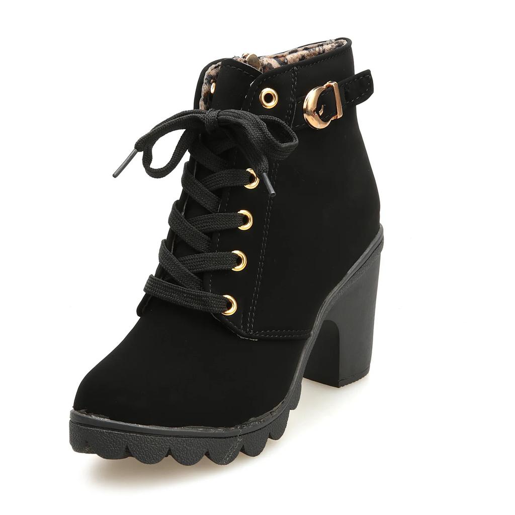 Fashion Boots Women Shoes Women Fashion High Heel Lace Up Ankle Boots Ladies Buckle Platform Artificial Leather Shoes bota feminina2025